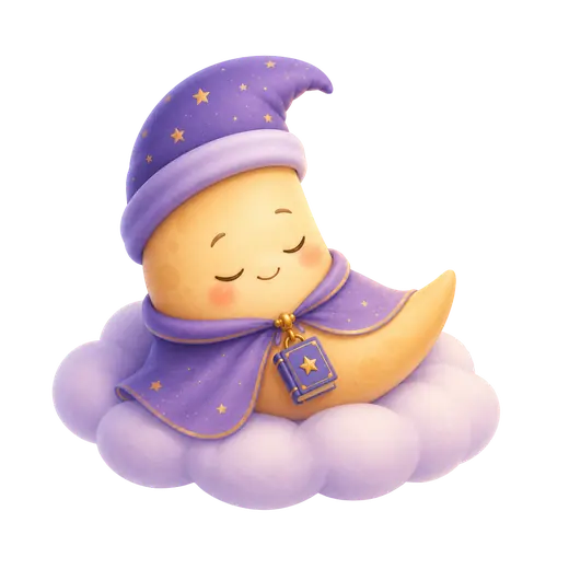 Veda Moon asleep on a soft cloud, holding a little storybook