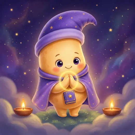 Veda Moon standing between two lit diyas under a starry sky